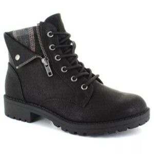 Jellypop Women's Memories Lace Up Boot Black with Plaid Trim Size 8.5
